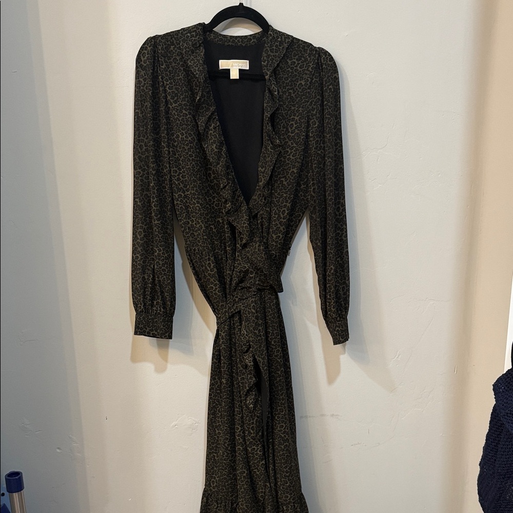 Michael Kors Collection Olive Green and Black Ruffle Wrap Midi Dress